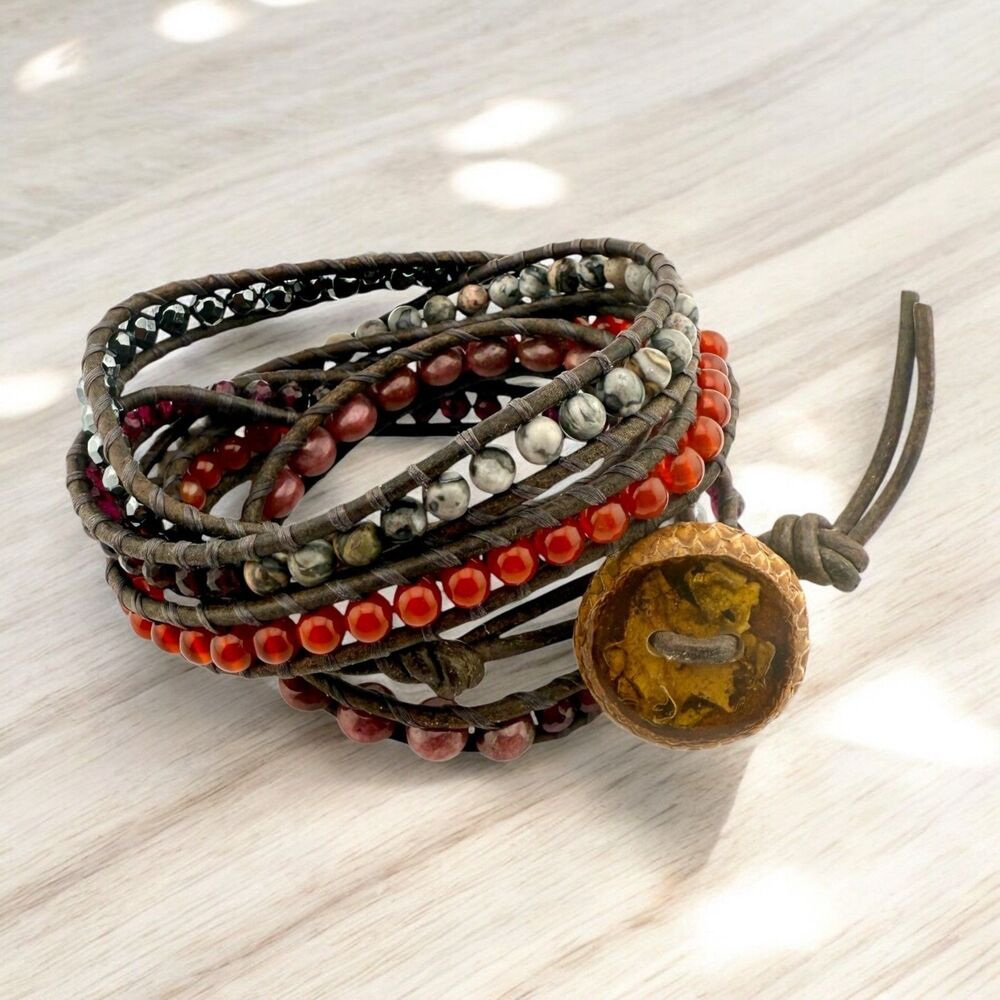 Natural Gemstones and Leather Wrap Bracelet, VGUC